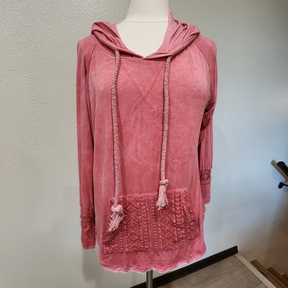 POL Tops - POL Lace Crochet Tunic Hoodie Lightweight Corded Drawstring Coral size Large